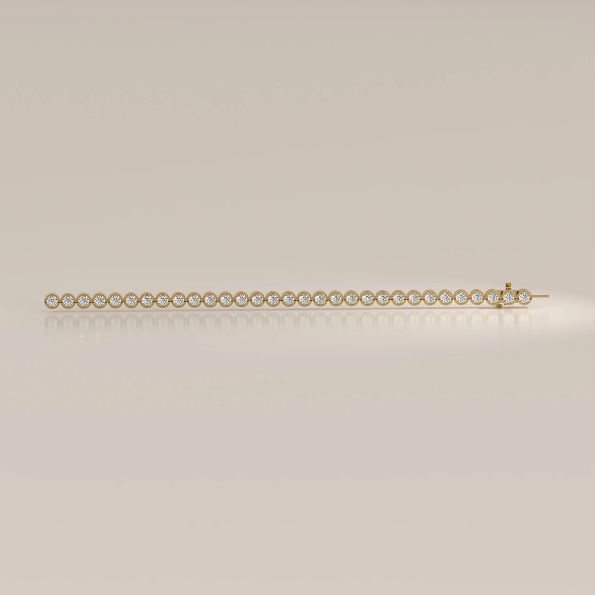 A delicate gold tennis bracelet with diamonds, shown straight on.
