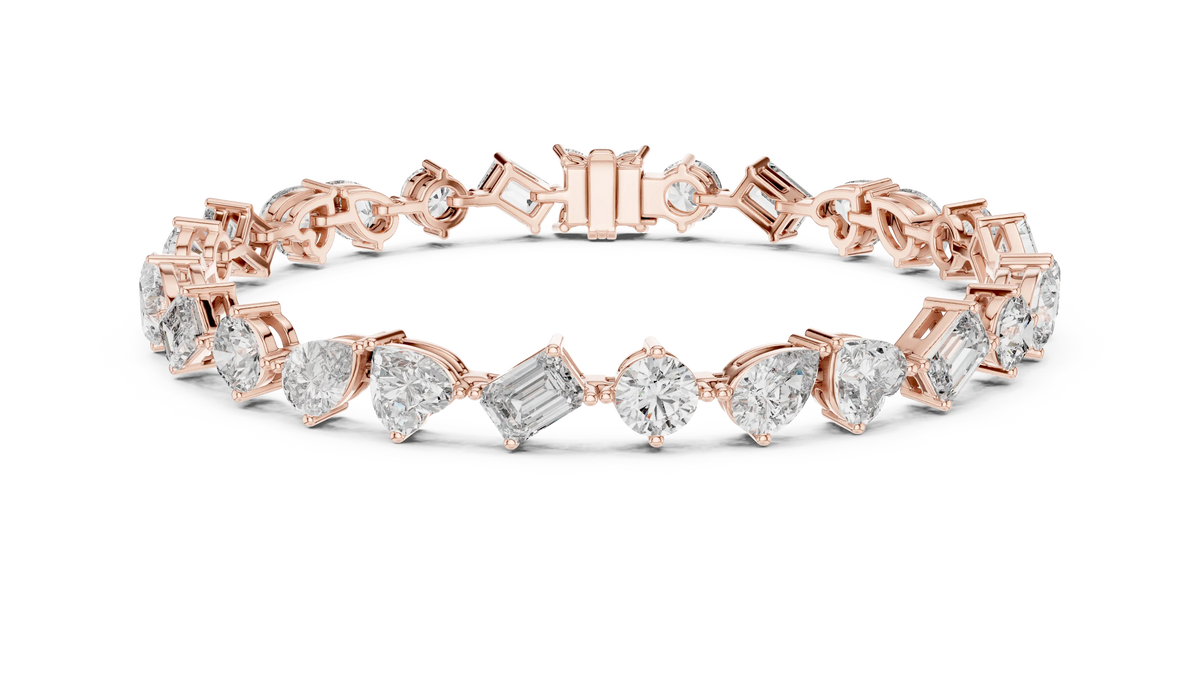 Front View: Round & Emerald Cut Diamond Tennis Bracelet with Prong Setting in 14k Rose Gold - Lab Grown - Driona Jewels