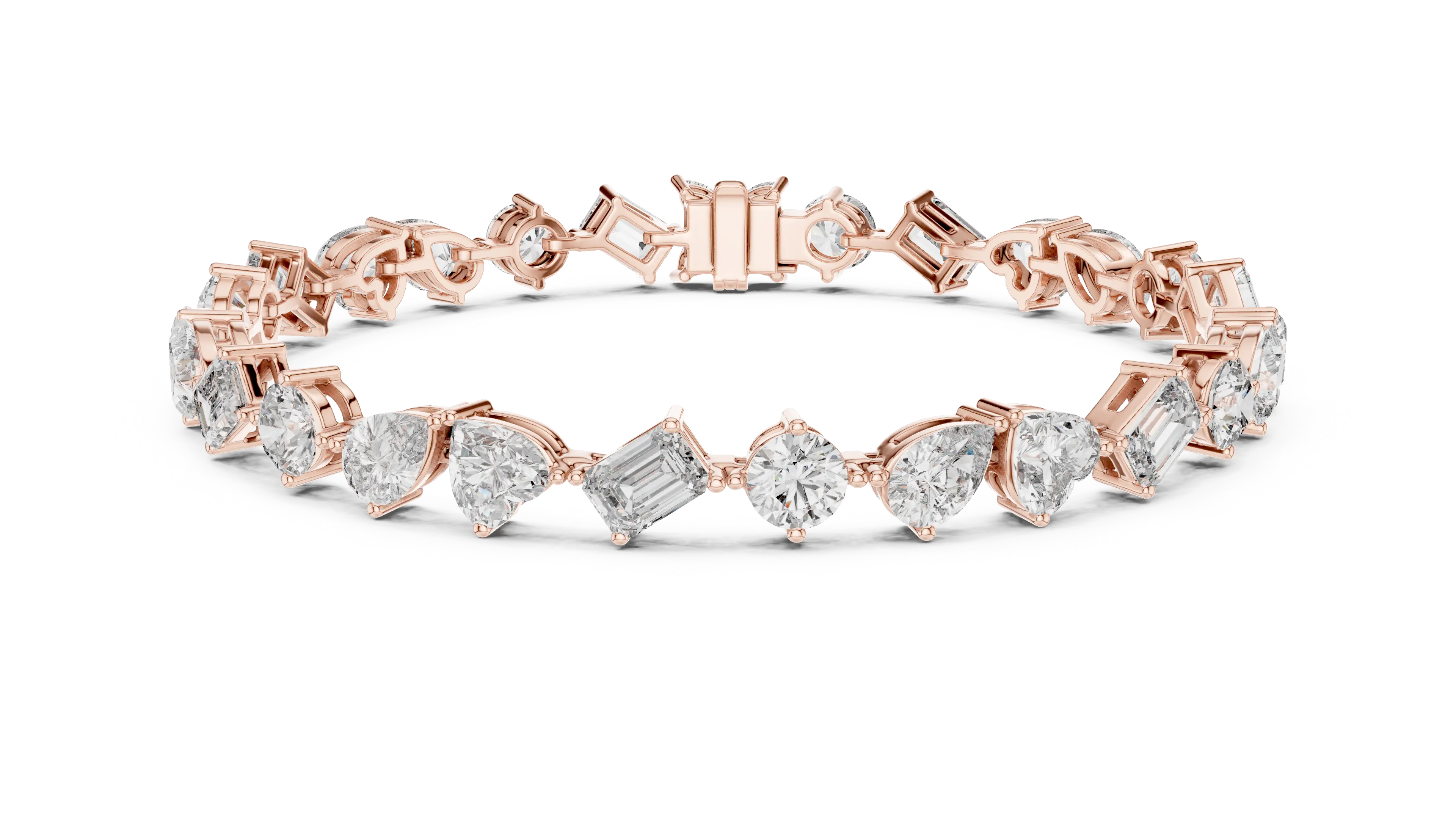 Front View: Round & Emerald Cut Diamond Tennis Bracelet with Prong Setting in 14k Rose Gold - Lab Grown - Driona Jewels