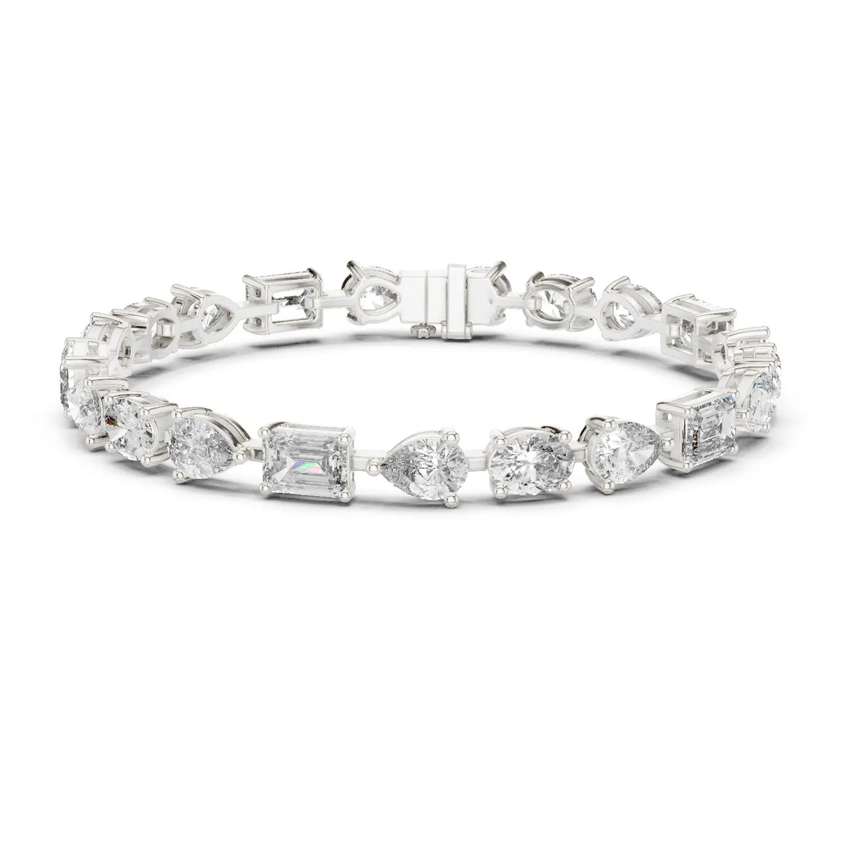 Front View: Round & Emerald Cut Diamond Tennis Bracelet with Prong Setting in 14k White Gold - Lab Grown - Driona Jewels