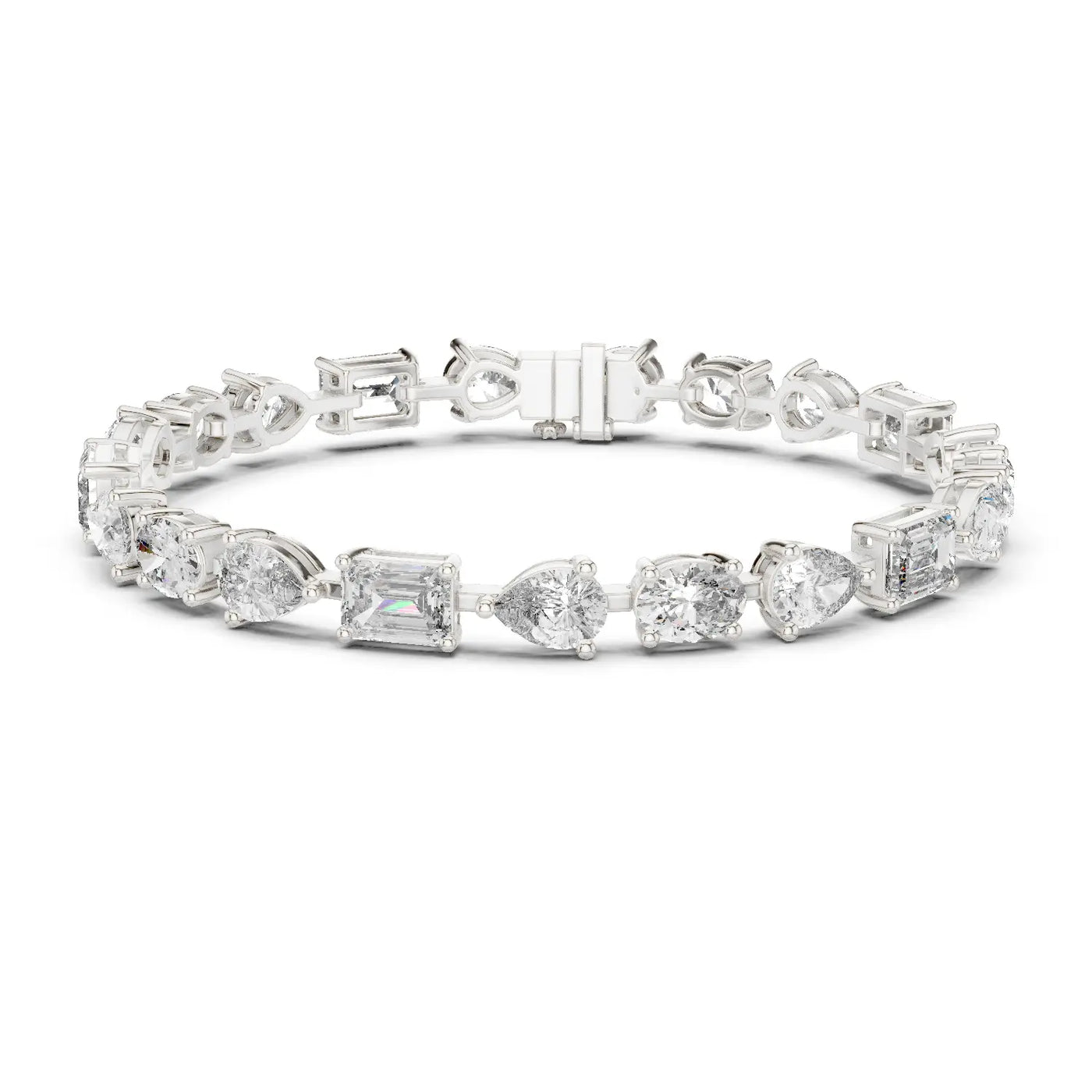 Front View: Round & Emerald Cut Diamond Tennis Bracelet with Prong Setting in 14k White Gold - Lab Grown - Driona Jewels