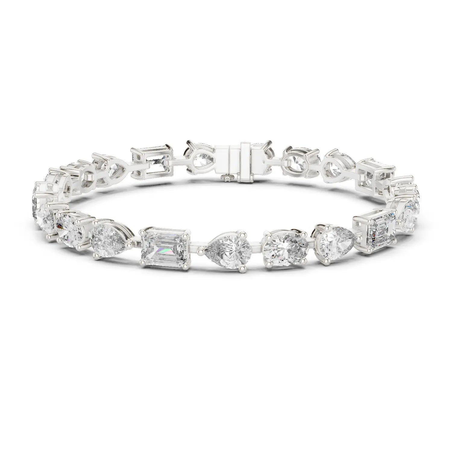 Front View: Round & Emerald Cut Diamond Tennis Bracelet with Prong Setting in 14k White Gold - Lab Grown - Driona Jewels