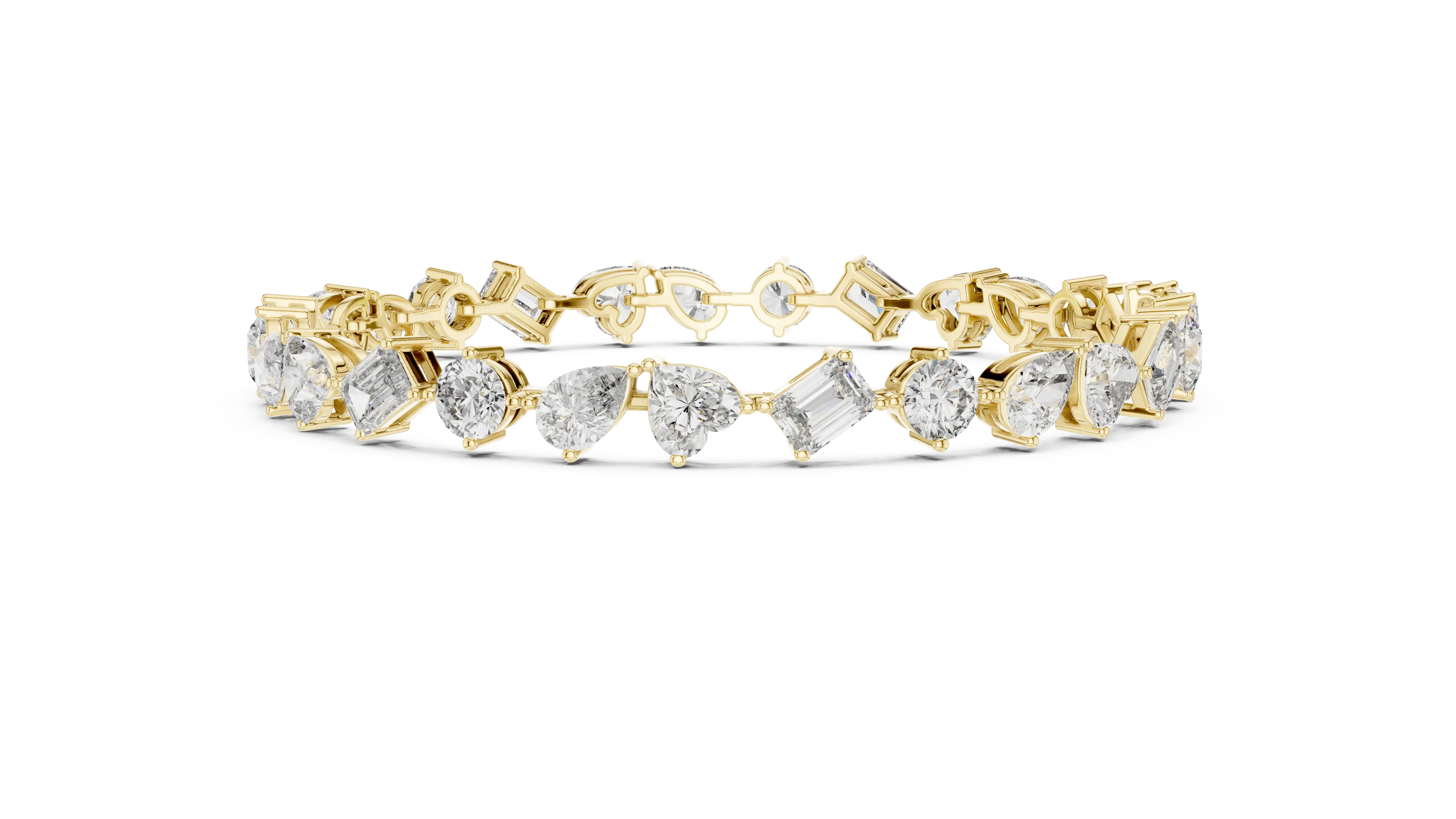 Front View: Round & Pear Cut Diamond Tennis Bracelet with Prong Setting in 14k Yellow Gold - Lab Grown - Driona Jewels