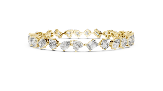 Front View: Round & Pear Cut Diamond Tennis Bracelet with Prong Setting in 14k Yellow Gold - Lab Grown - Driona Jewels