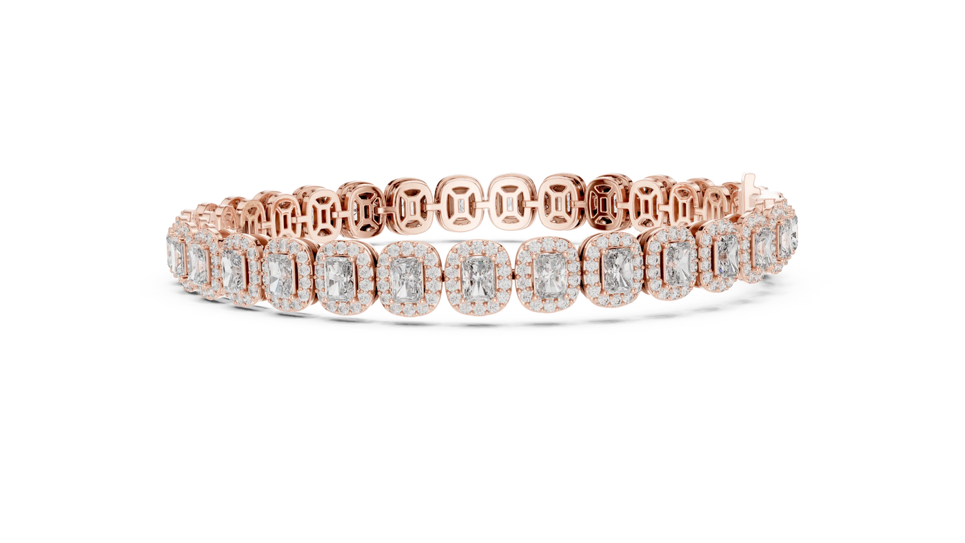 Flat-Lay: Emerald Cut Diamond Tennis Bracelet with Pave Setting in 14k Rose Gold - Lab Grown - Driona Jewels