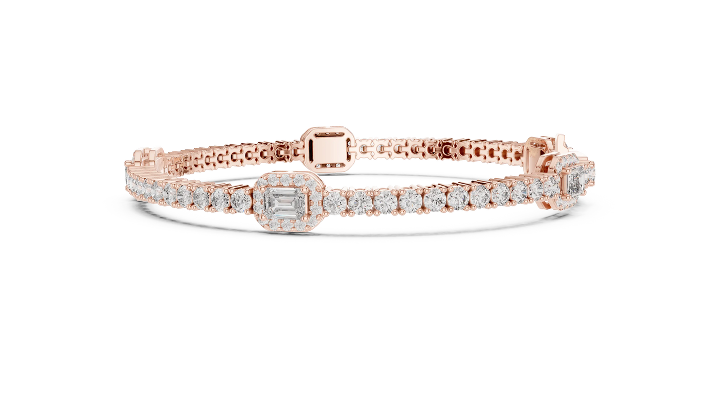 Flat Lay: Emerald Cut Diamond Tennis Bracelet with Prong Setting in 14k Rose Gold - Lab Grown - Driona Jewels