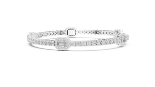 Flat Lay: Emerald Cut Diamond Tennis Bracelet with Prong Setting in 14k White Gold - Lab Grown - Driona Jewels
