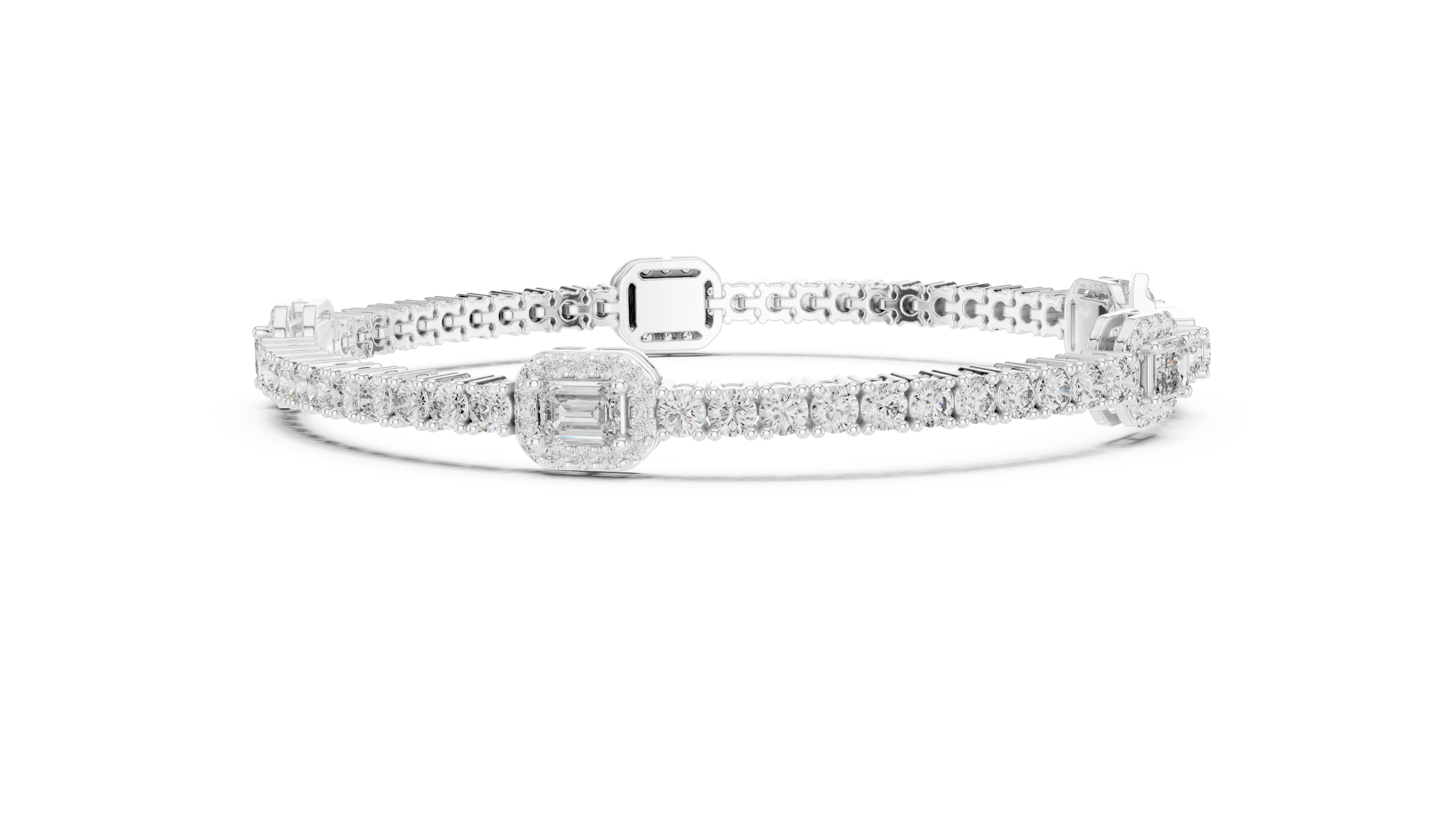 Flat Lay: Emerald Cut Diamond Tennis Bracelet with Prong Setting in 14k White Gold - Lab Grown - Driona Jewels