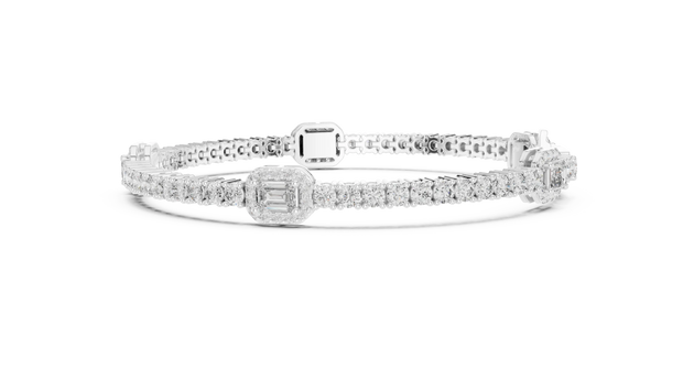 Flat Lay: Emerald Cut Diamond Tennis Bracelet with Prong Setting in 14k White Gold - Lab Grown - Driona Jewels
