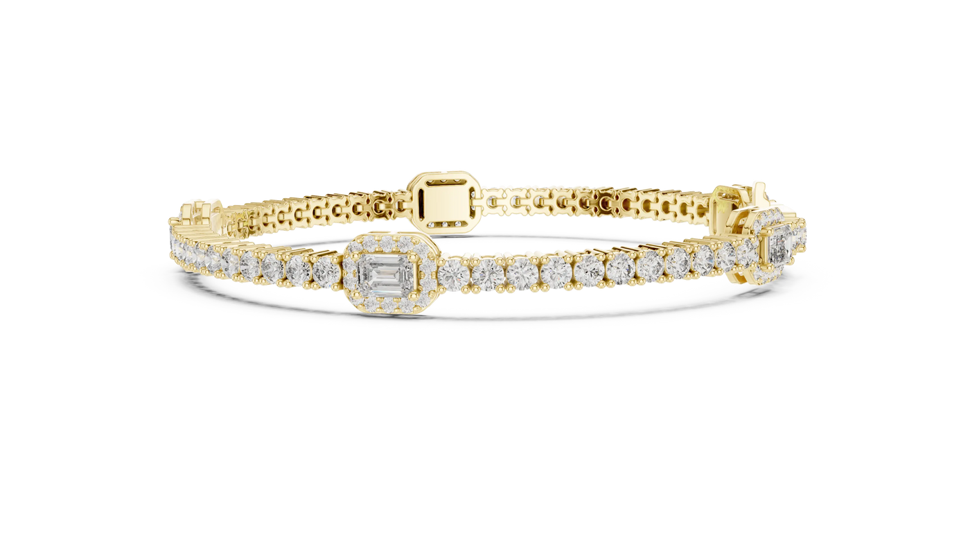 Flat Lay: Emerald Cut Diamond Tennis Bracelet with Prong Setting in 14k Yellow Gold - Lab Grown - Driona Jewels