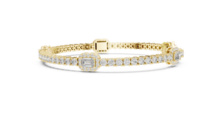 Flat Lay: Emerald Cut Diamond Tennis Bracelet with Prong Setting in 14k Yellow Gold - Lab Grown - Driona Jewels