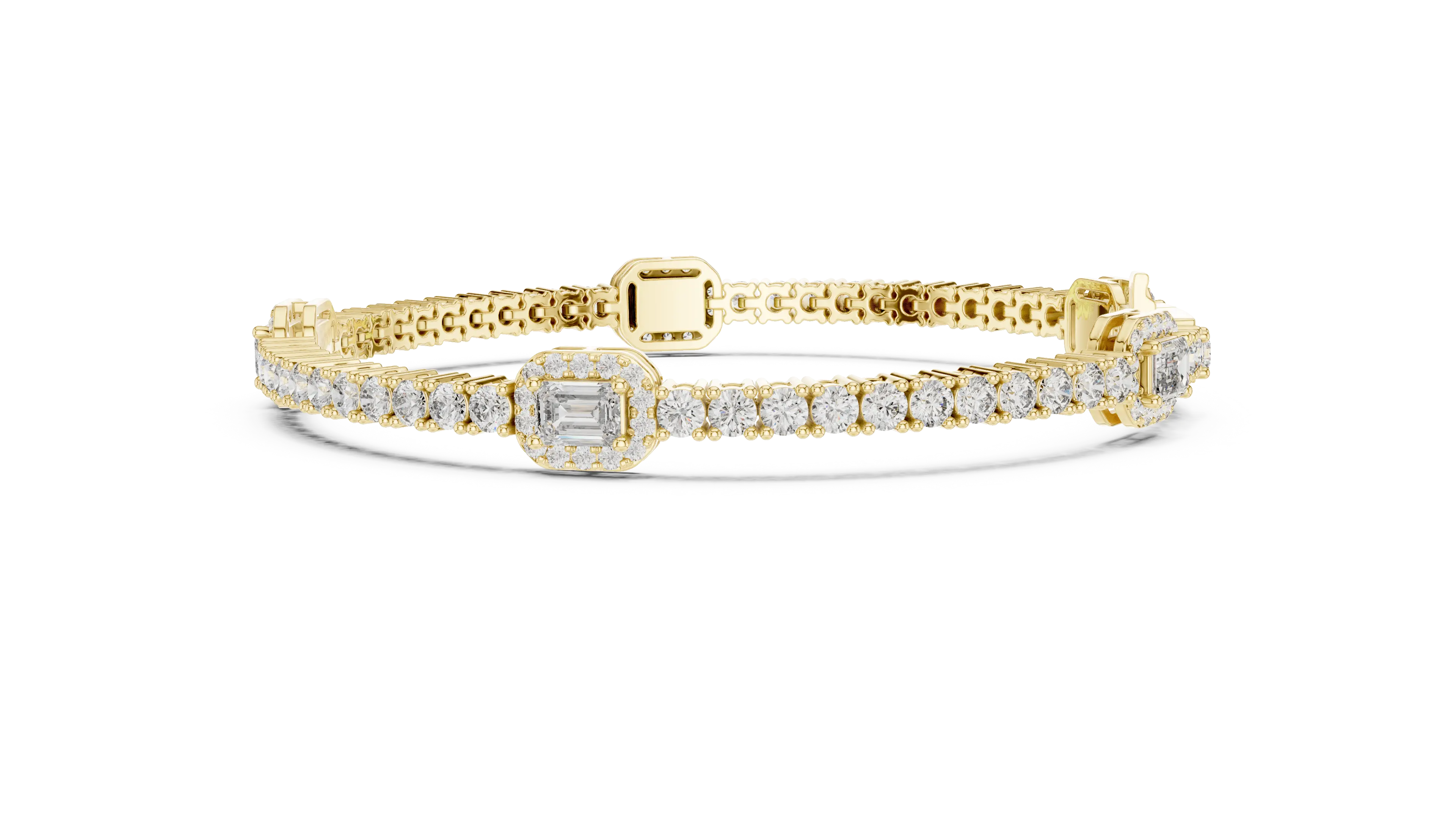 Flat Lay: Emerald Cut Diamond Tennis Bracelet with Prong Setting in 14k Yellow Gold - Lab Grown - Driona Jewels