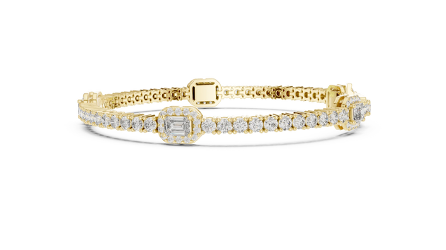Flat Lay: Emerald Cut Diamond Tennis Bracelet with Prong Setting in 14k Yellow Gold - Lab Grown - Driona Jewels