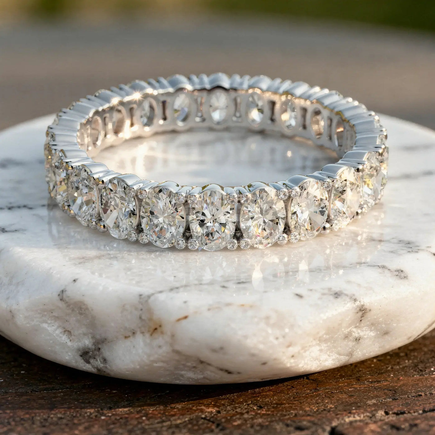 Flat Lay: Oval Diamond Tennis Bracelet with Prong Setting in 14k White Gold - Lab Grown - Driona Jewels