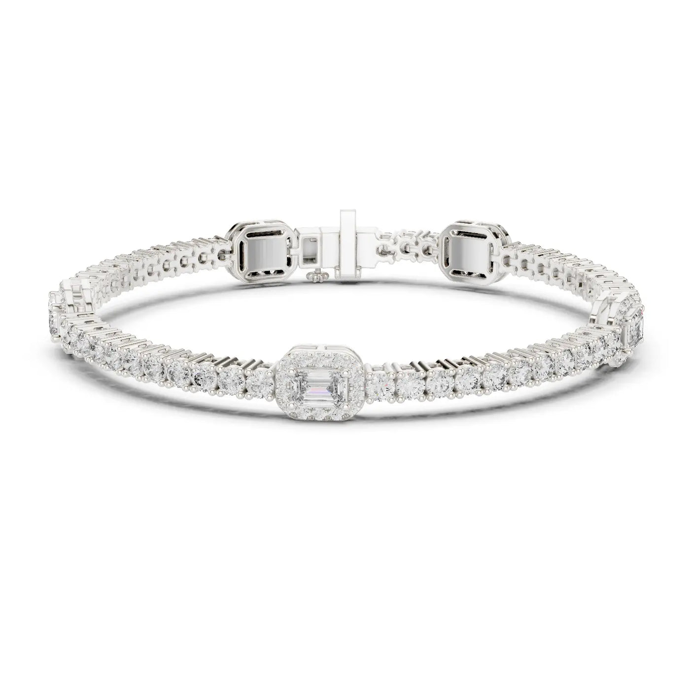 Front View: Emerald Cut Diamond Tennis Bracelet with Halo Setting in 14k White Gold - Lab Grown - Driona Jewels