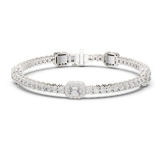 Front View: Emerald Cut Diamond Tennis Bracelet with Halo Setting in 14k White Gold - Lab Grown - Driona Jewels