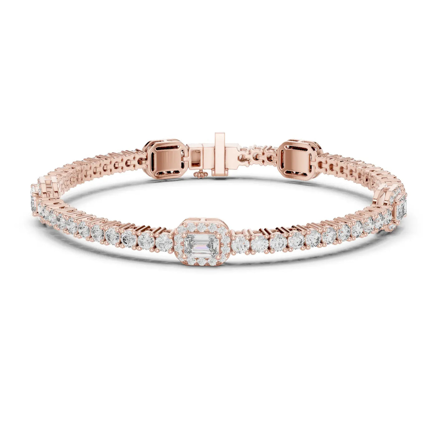 Front View: Emerald Cut Diamond Tennis Bracelet with Pave Setting in 14k Rose Gold - Lab Grown - Driona Jewels