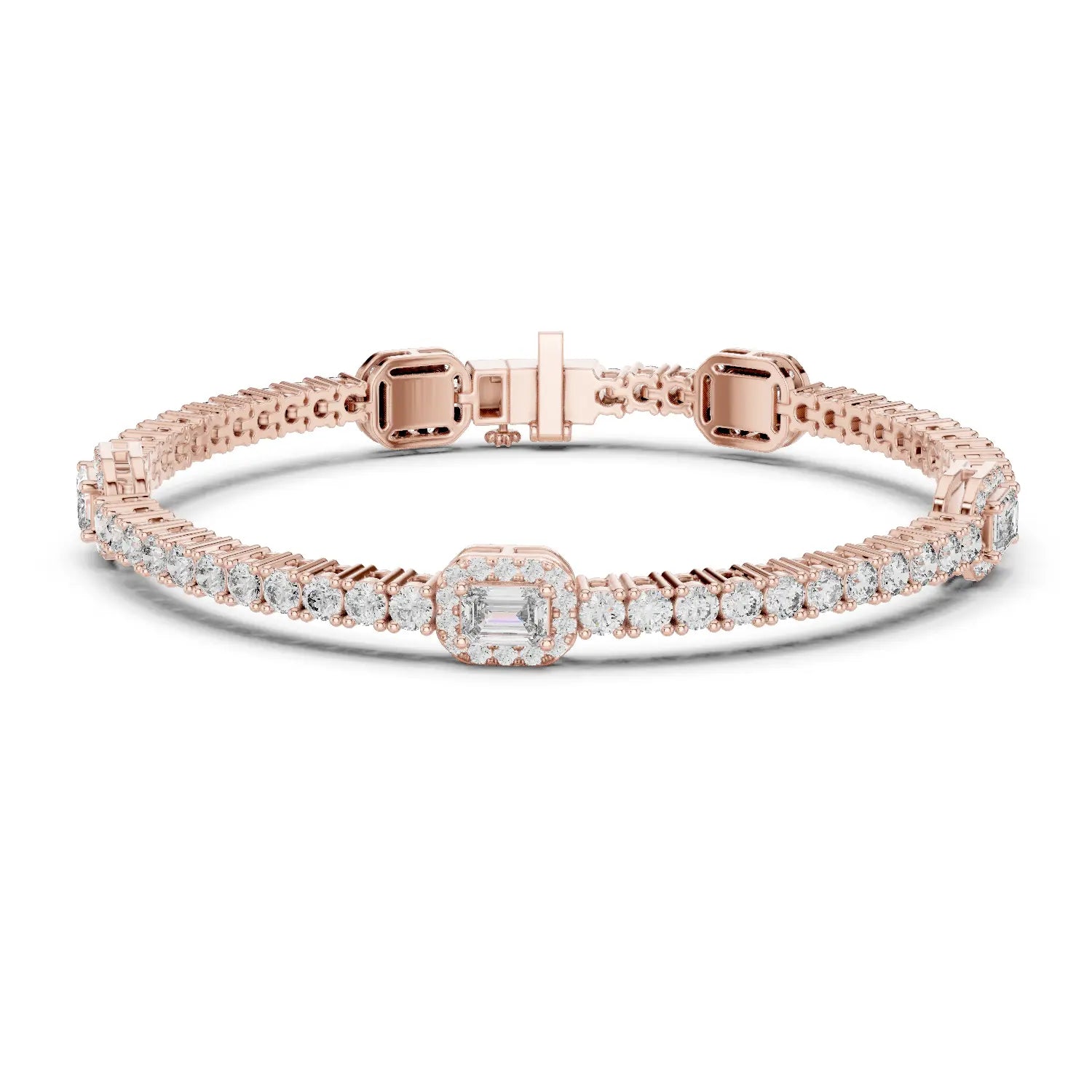 Front View: Emerald Cut Diamond Tennis Bracelet with Pave Setting in 14k Rose Gold - Lab Grown - Driona Jewels
