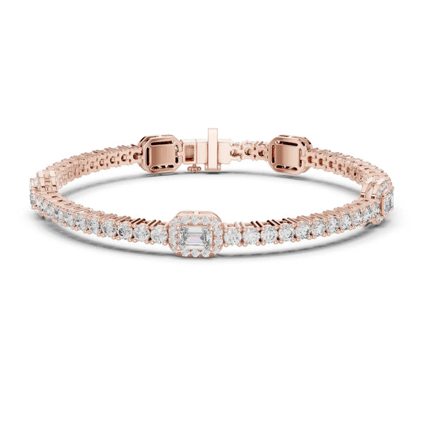Front View: Emerald Cut Diamond Tennis Bracelet with Pave Setting in 14k Rose Gold - Lab Grown - Driona Jewels