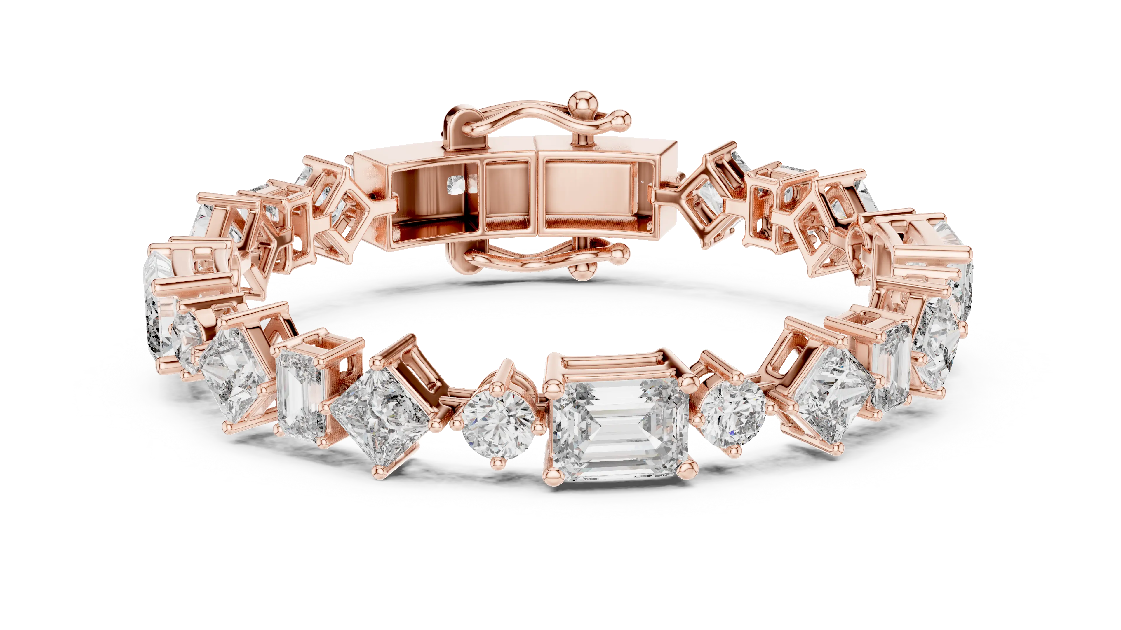 Front View: Emerald Cut Diamond Tennis Bracelet with Prong Setting in 14k Rose Gold - Lab Grown - Driona Jewels