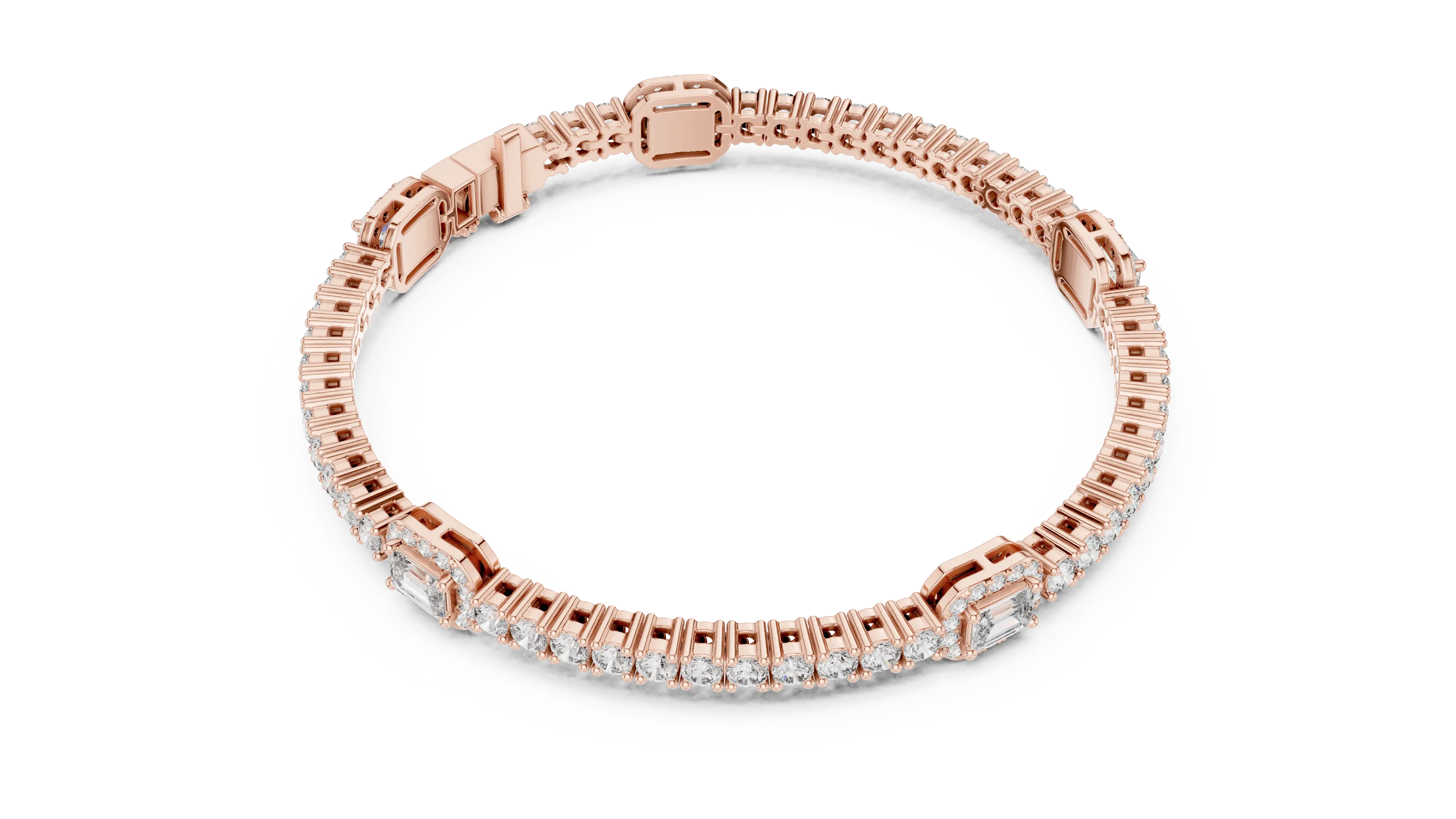 Top View: Emerald Cut Diamond Tennis Bracelet with Prong Setting in 14k Rose Gold - Lab Grown - Driona Jewels