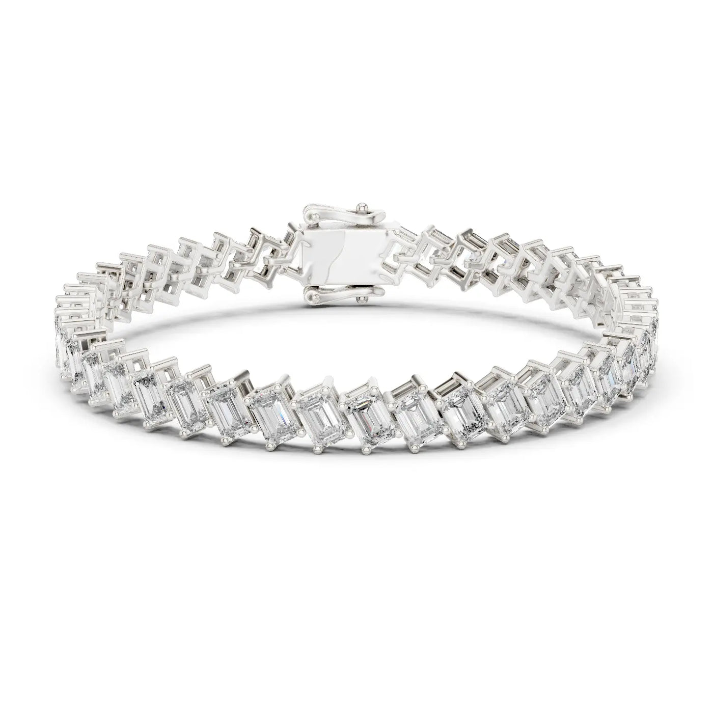 Front View: Emerald Diamond Tennis Bracelet with Prong Setting in 14k White Gold - Lab Grown - Driona Jewels