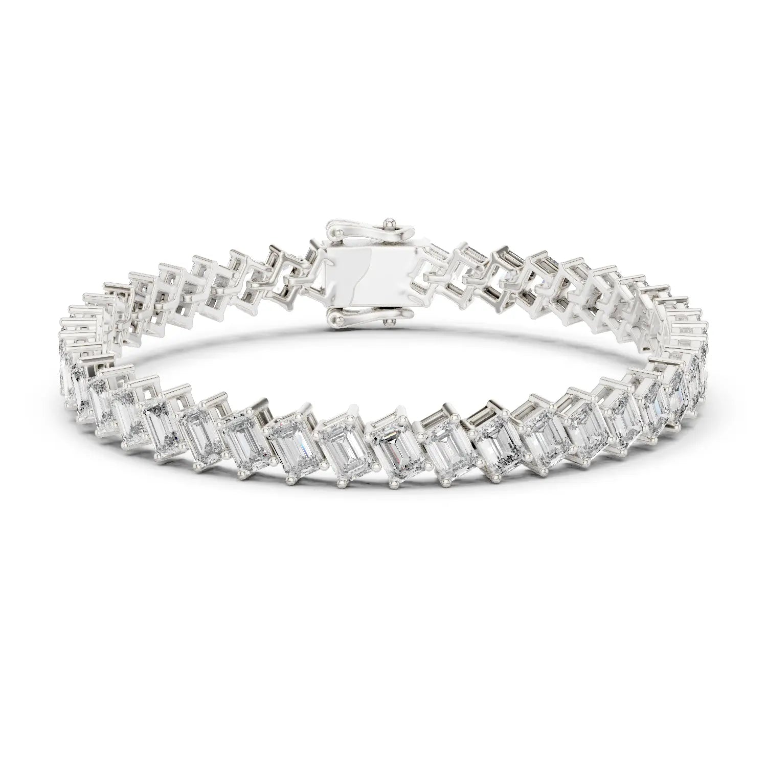 Front View: Emerald Diamond Tennis Bracelet with Prong Setting in 14k White Gold - Lab Grown - Driona Jewels