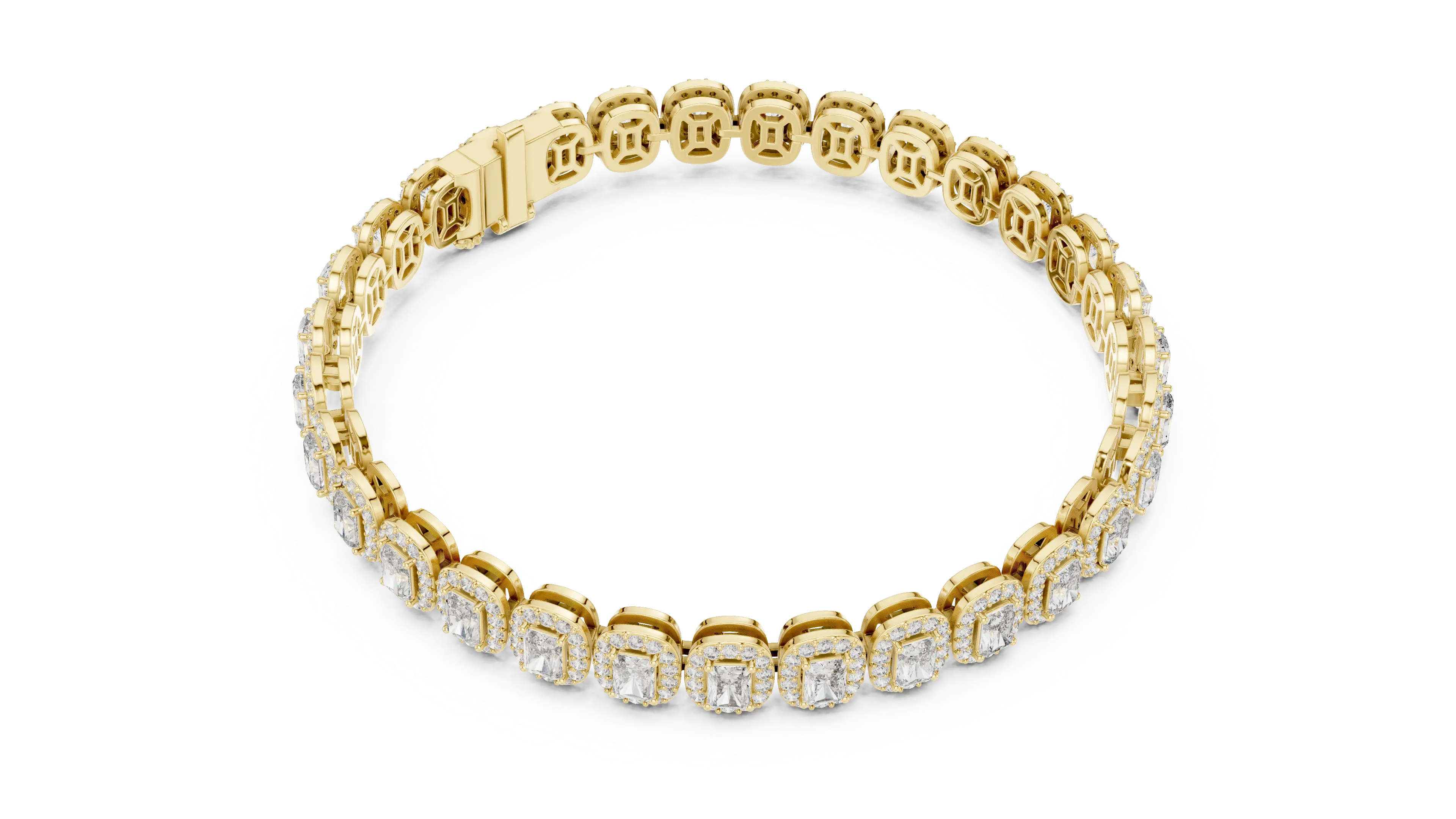 Flat Lay: Emerald Cut Diamond Tennis Bracelet with Prong Setting in 14k Yellow Gold - Lab Grown - Driona Jewels