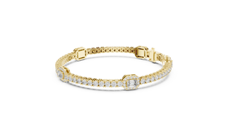 Flat Lay: Emerald Cut Diamond Tennis Bracelet with Prong Setting in 14k Yellow Gold - Lab Grown - Driona Jewels