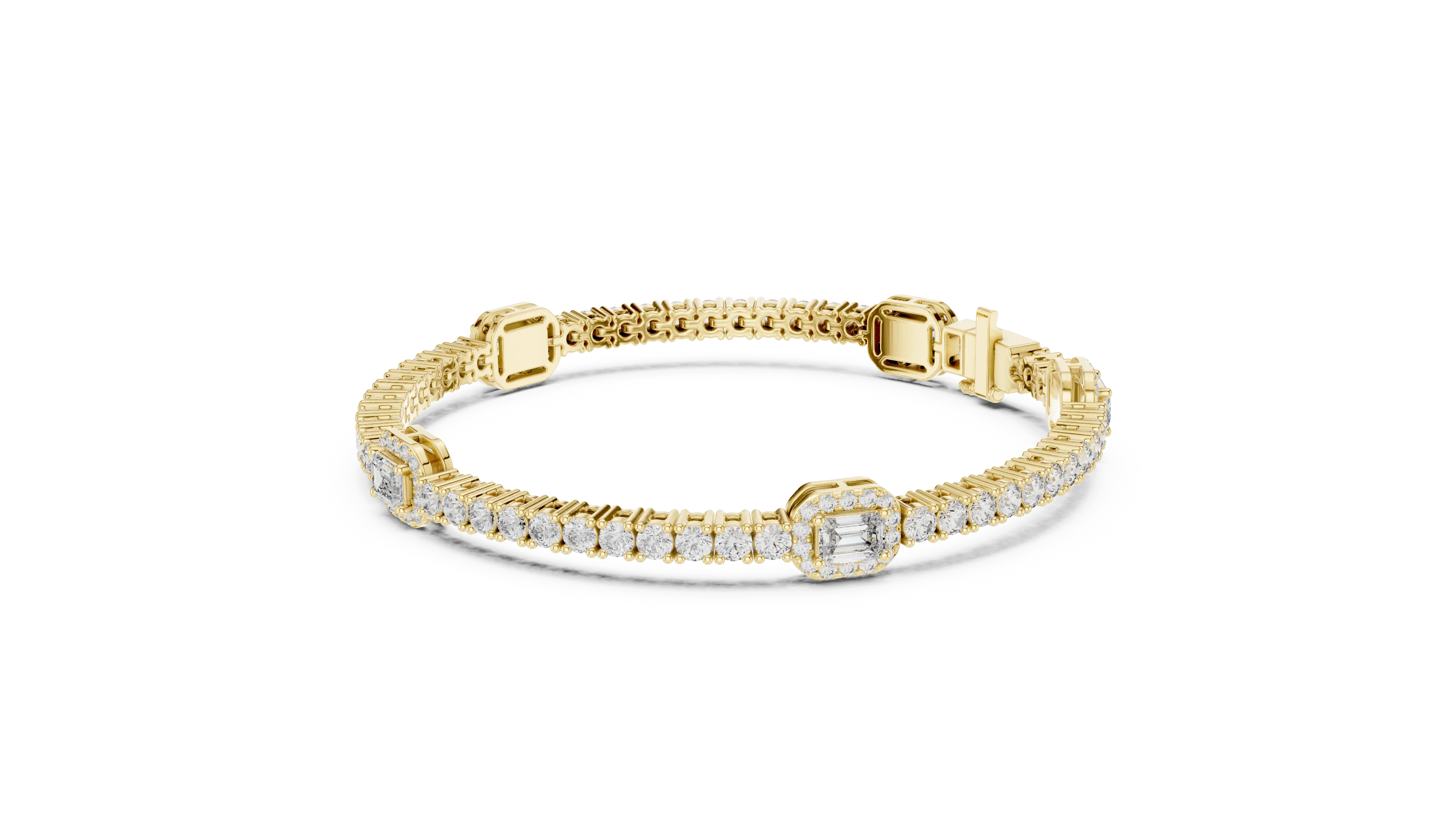 Flat Lay: Emerald Cut Diamond Tennis Bracelet with Prong Setting in 14k Yellow Gold - Lab Grown - Driona Jewels