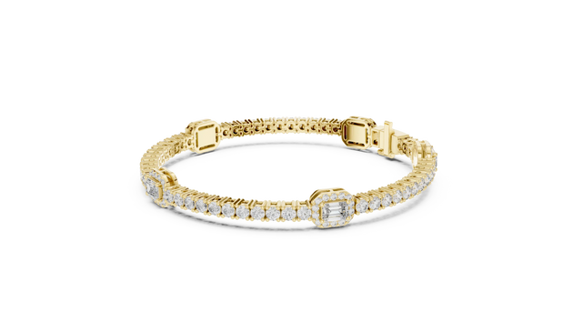 Flat Lay: Emerald Cut Diamond Tennis Bracelet with Prong Setting in 14k Yellow Gold - Lab Grown - Driona Jewels