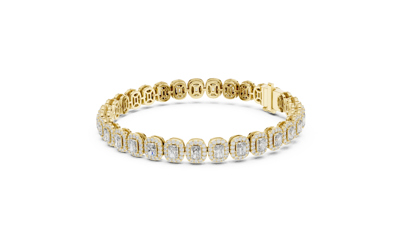 Front-view: Emerald Cut Diamond Tennis Bracelet with Prong Setting in 14k Yellow Gold - Lab Grown - Driona Jewels