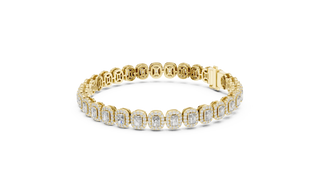 Front-view: Emerald Cut Diamond Tennis Bracelet with Prong Setting in 14k Yellow Gold - Lab Grown - Driona Jewels