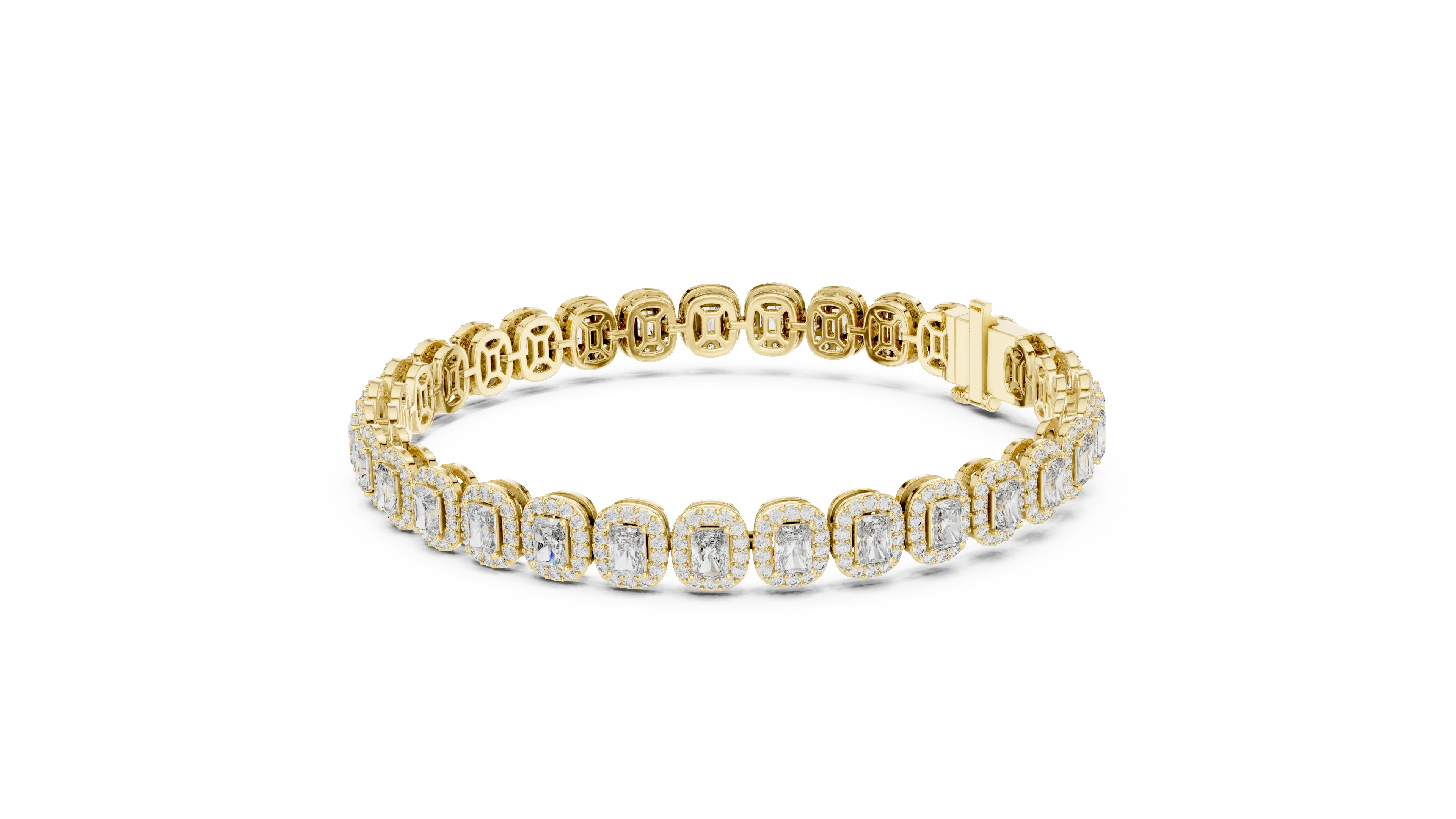 Front-view: Emerald Cut Diamond Tennis Bracelet with Prong Setting in 14k Yellow Gold - Lab Grown - Driona Jewels