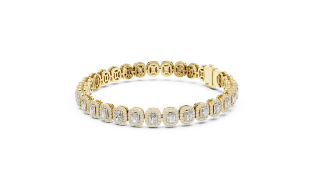 Front-view: Emerald Cut Diamond Tennis Bracelet with Prong Setting in 14k Yellow Gold - Lab Grown - Driona Jewels