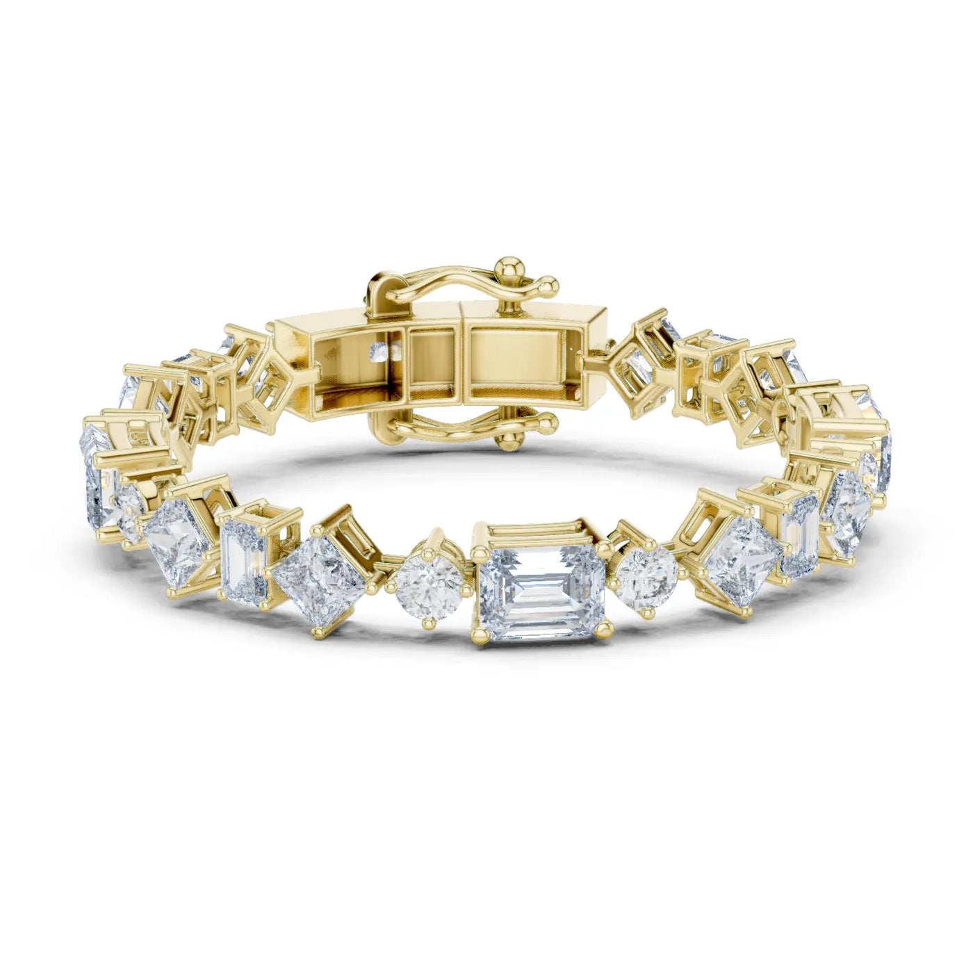 Front View: Emerald Cut Diamond Tennis Bracelet with Prong Setting in 14k Yellow Gold - Lab Grown - Driona Jewels