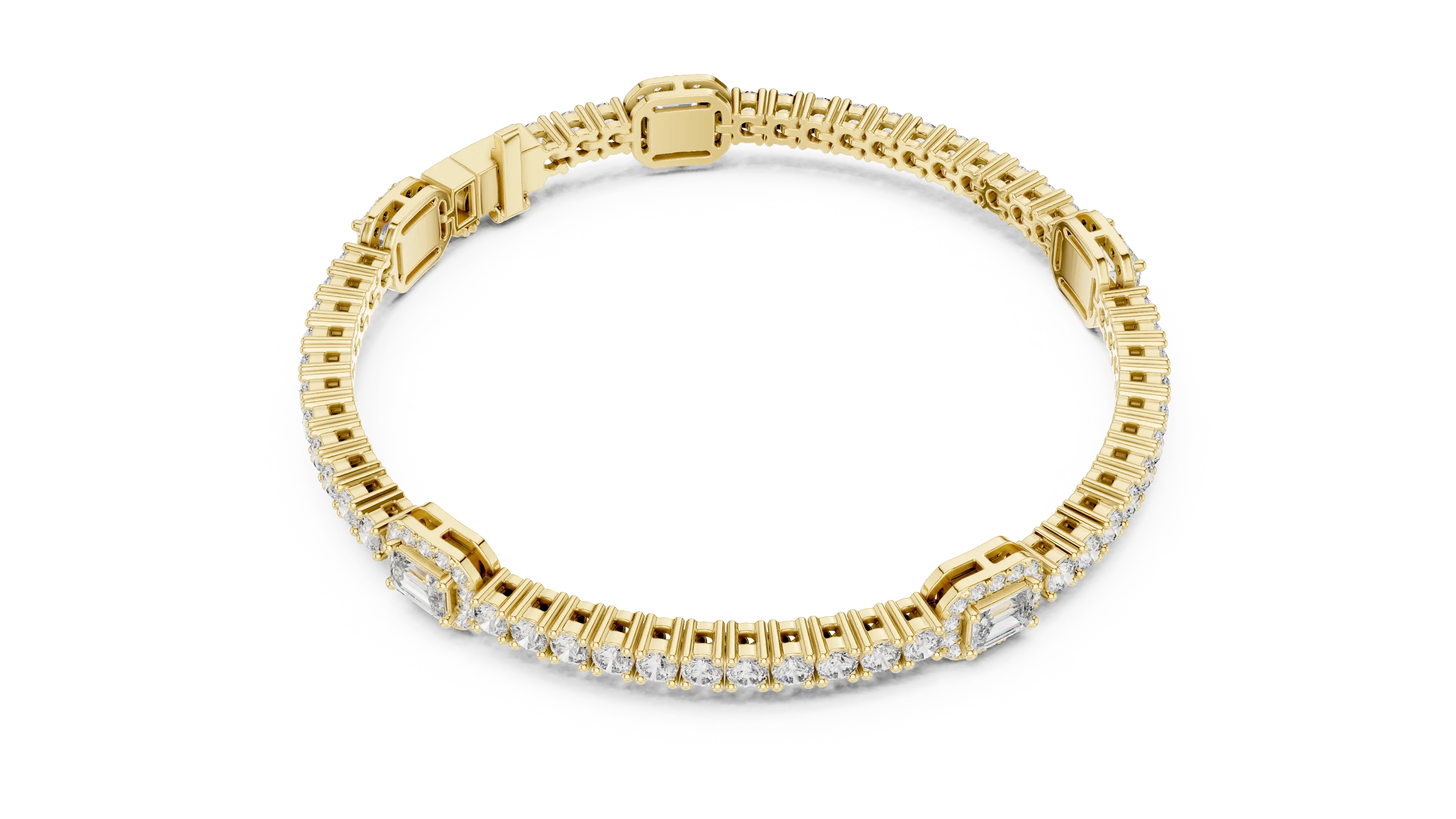 Top View: Emerald Cut Diamond Tennis Bracelet with Prong Setting in 14k Yellow Gold - Lab Grown - Driona Jewels