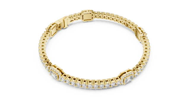 Top View: Emerald Cut Diamond Tennis Bracelet with Prong Setting in 14k Yellow Gold - Lab Grown - Driona Jewels