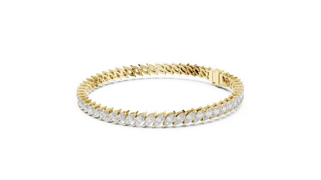 Flat Lay: Marquise Diamond Tennis Bracelet with Prong Setting in 14k Yellow Gold - Lab Grown - Driona Jewels