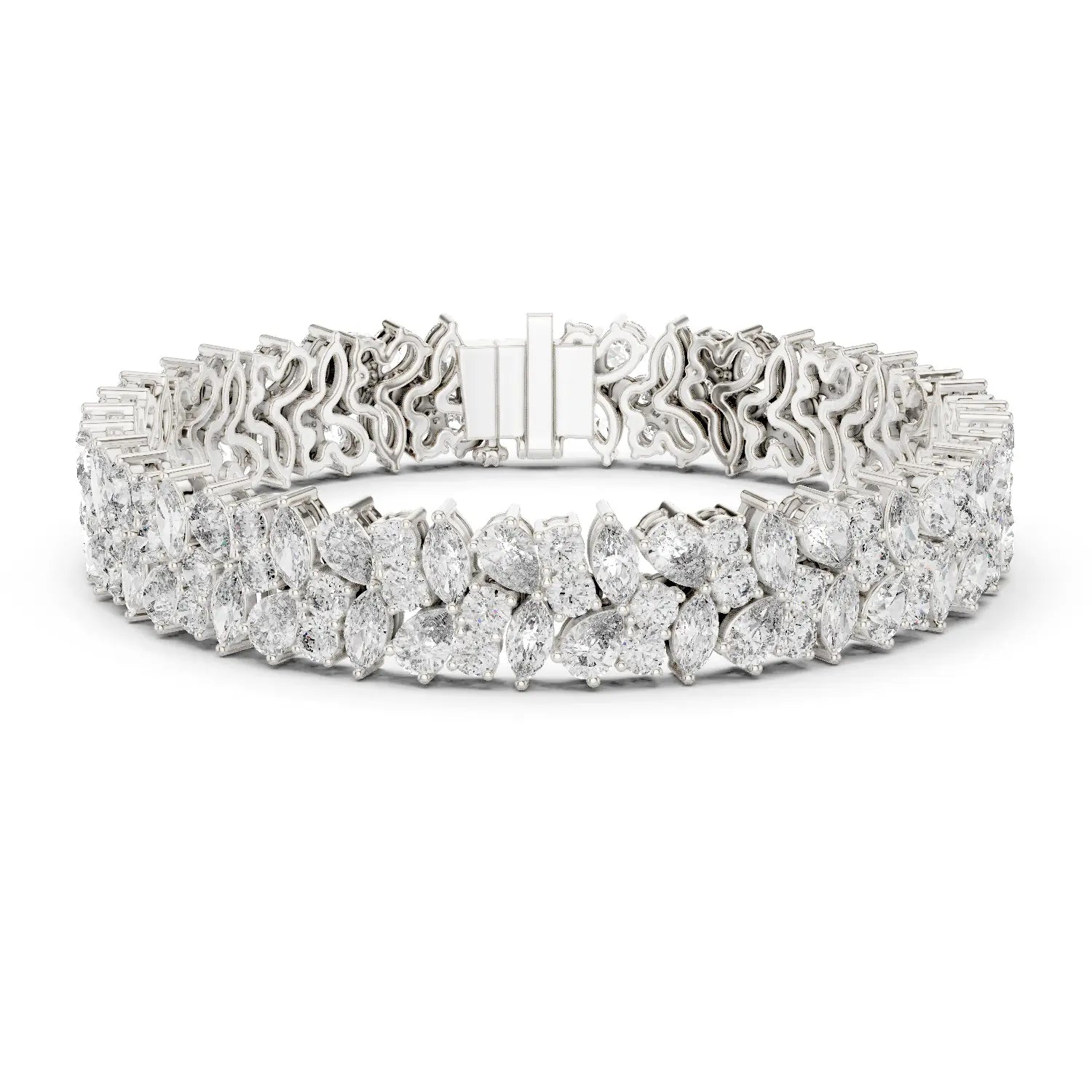 Front View: Pear Cut Diamond Tennis Bracelet with Prong Setting in 14k White Gold - Lab Grown - Driona Jewels