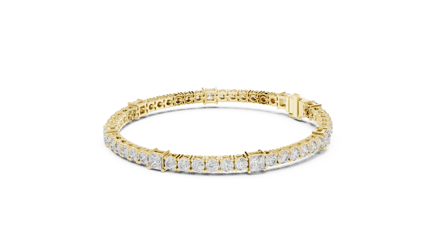 Front View: Princess Cut Diamond Tennis Bracelet with Prong Setting in 14k Yellow Gold - Lab Grown - Driona Jewels