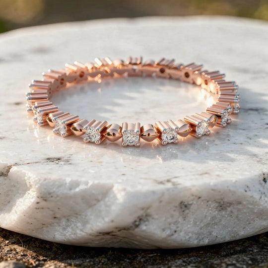 Close-up: Round Diamond Tennis Bracelet with Prong Setting in 14k Rose Gold - Lab Grown - Driona Jewels