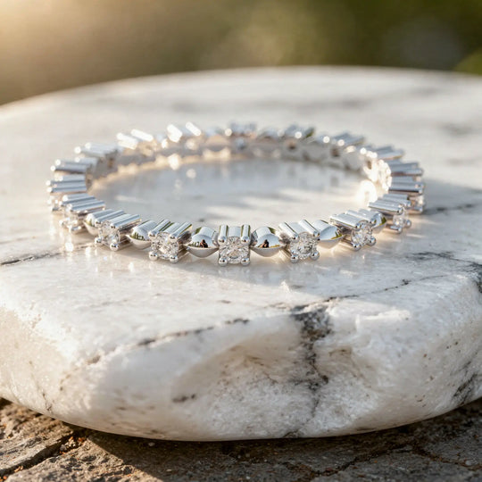 Close-up: Round Diamond Tennis Bracelet with Prong Setting in 14k White Gold - Lab Grown - Driona Jewels