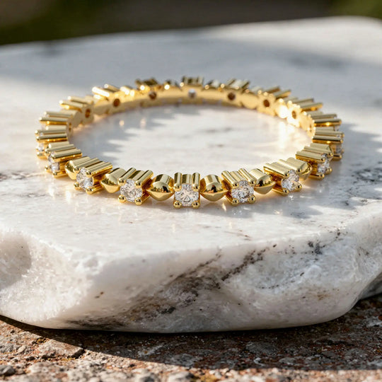 Close-up: Round Diamond Tennis Bracelet with Prong Setting in 14k Yellow Gold - Lab Grown - Driona Jewels