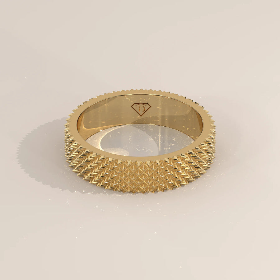 Solid yellow gold wide band with an all-over pyramid texture, shown from the front.