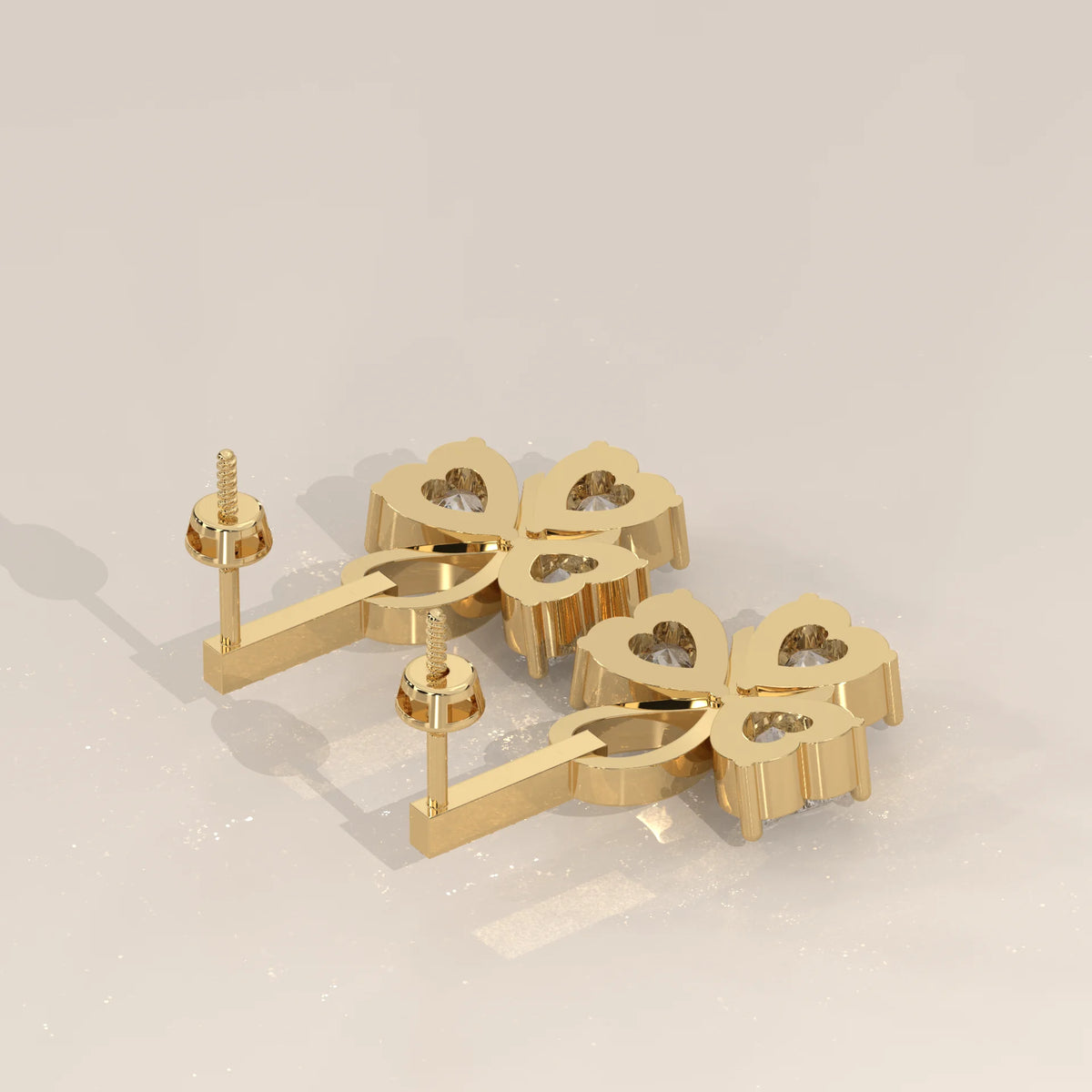 Three Heart Lab Grown Diamond Clover Drop Earrings with Pave Bar in yellow gold, shown on a plain background.