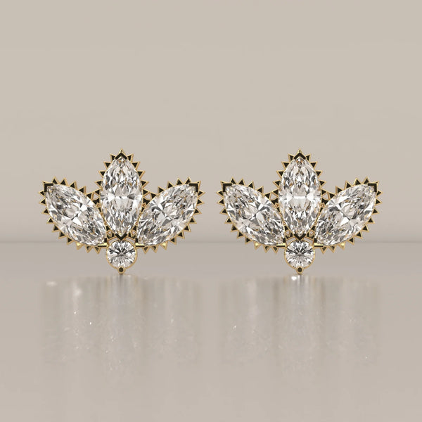 Three Marquise Lotus Fan Lab Grown Diamond Studs with Round Base in yellow gold, shown from the front.