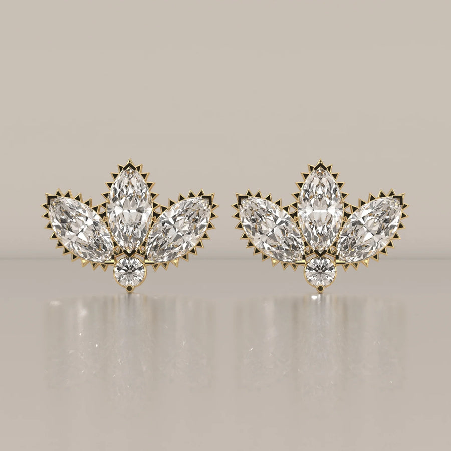 Three Marquise Lotus Fan Lab Grown Diamond Studs with Round Base in yellow gold, shown from the front.