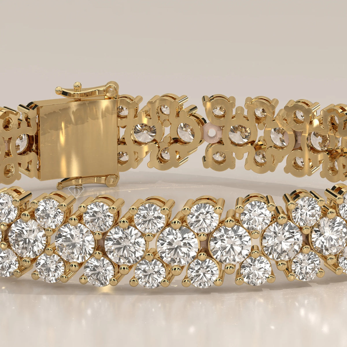 Three Row Round Lab Grown Diamond Cluster Tennis Bracelet in yellow gold, studio photograph on a plain background.