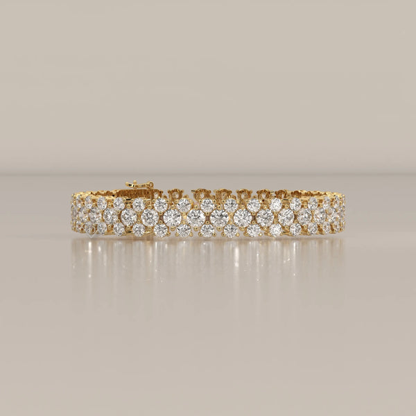 Three Row Round Lab Grown Diamond Cluster Tennis Bracelet in yellow gold, shown from the front.